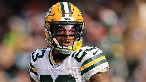 Jaire Alexander #23 of the Green Bay Packers looks on against the Chicago Bears at Soldier Field on November 17, 2024 in Chicago, Illinois.