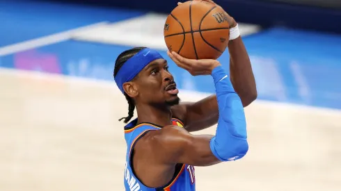 Shai Gilgeous-Alexander #2 of the Oklahoma City Thunder attempts a jump shot against the Indiana Pacers during the third quarter in Game Two of the 2025 NBA Finals at Paycom Center on June 08, 2025 in Oklahoma City, Oklahoma.