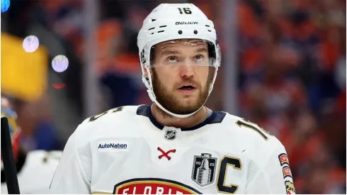 Aleksander Barkov #16 of the Florida Panthers looks on during the third period against the Edmonton Oilers in Game Two of the 2025 Stanley Cup Final at Rogers Place on June 06, 2025 in Edmonton, Alberta, Canada.