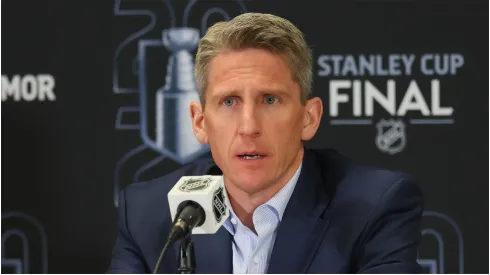 Head coach Kris Knoblauch of the Edmonton Oilers speaks with the media following playing against the Florida Panthers during Game Three of the 2025 NHL Stanley Cup Final at Amerant Bank Arena on June 09, 2025 in Sunrise, Florida.
