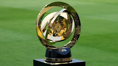 A detailed view of the Club World Cup trophy before the game between the Los Angeles Football Club and Club América in a FIFA Club World Cup 2025 Play-In at BMO Stadium on May 31, 2025 in Los Angeles, California.