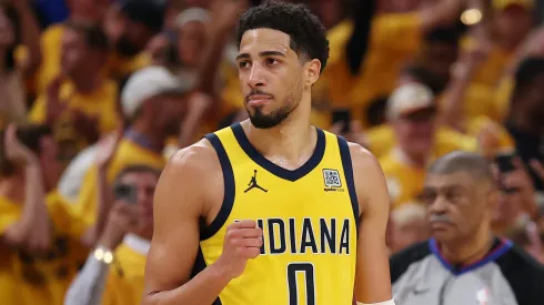 Tyrese Haliburton #0 of the Indiana Pacers reacts during the last minute of the fourth quarter against the Oklahoma City Thunder in Game Three of the 2025 NBA Finals at Gainbridge Fieldhouse on June 11, 2025 in Indianapolis, Indiana.