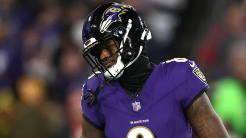 Lamar Jackson #8 of the Baltimore Ravens reacts against the Kansas City Chiefs during the fourth quarter in the AFC Championship Game at M&T Bank Stadium on January 28, 2024 in Baltimore, Maryland.