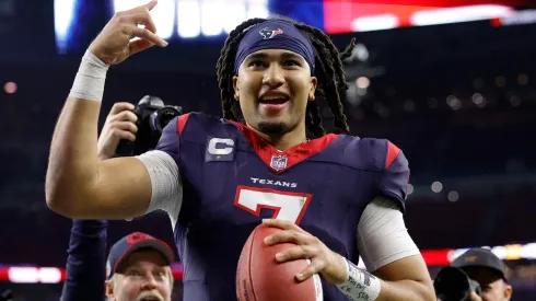 C.J. Stroud #7 of the Houston Texans celebrates after defeating the Cleveland Browns in the AFC Wild Card Playoffs at NRG Stadium on January 13, 2024 in Houston, Texas.