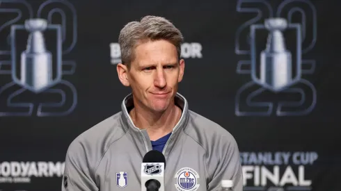 Head coach Kris Knoblauch of the Edmonton Oilers speaks during Media Day prior to the 2025 Stanley Cup Final against the Florida Panthers at Rogers Place on June 03, 2025 in Edmonton, Alberta.