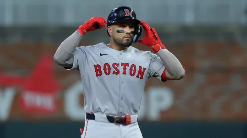 Carlos Narvaez #75 of the Boston Red Sox reacts after hitting a double in the sixth inning against the Atlanta Braves at Truist Park on May 30, 2025 in Atlanta, Georgia.
