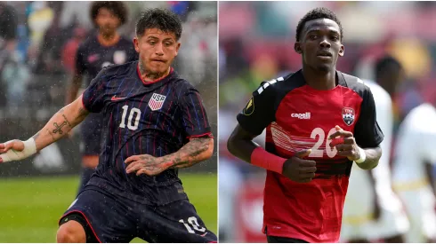 Diego Luna #10 of the United States during the first half of an International Friendly match at Pratt & Whitney Stadium on June 7, 2025 in East Hartford, Connecticut and Kaihim Thomas of Trinidad and Tobago during the Cup 3rd/4th Play Off between Ghana and Trinidad and Tobago at Gtech Community Stadium on May 31, 2025 in Brentford, England.