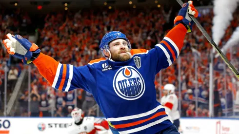Leon Draisaitl #29 of the Edmonton Oilers celebrates after scoring the game-winning goal to beat the Florida Panthers 4-3 during overtime in Game One of the 2025 Stanley Cup Final.
