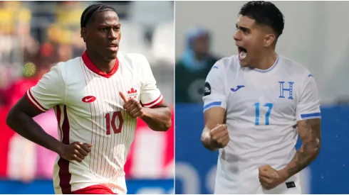Jonathan David #10 of Canada and Luis Palma of Honduras.