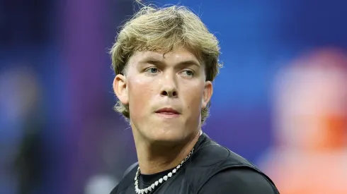 Jaxson Dart #QB03 of Mississippi participates in a drill during the NFL Scouting Combine at Lucas Oil Stadium on March 01, 2025 in Indianapolis, Indiana.