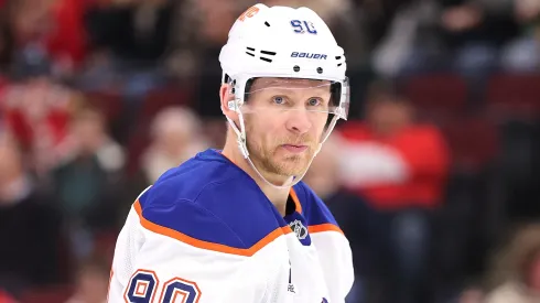 Corey Perry #90 of the Edmonton Oilers looks on against the Chicago Blackhawks during the first period at the United Center on January 11, 2025.