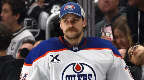 Stuart Skinner #74 of the Edmonton Oilers looks on from the bench against the Los Angeles Kings during the third period in Game Two of the First Round of the 2025 Stanley Cup Playoffs at Crypto.com Arena on April 23, 2025 in Los Angeles, California.