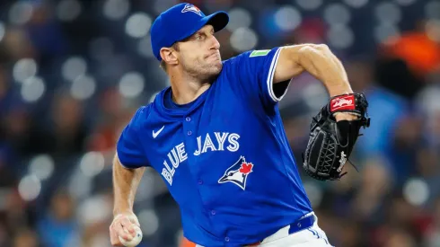 Max Scherzer pitching during his Triple-A rehab start in Worcester, where he struck out eight batters and reached his target pitch count, marking a key milestone in his return to the Blue Jays.