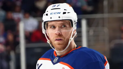 Connor McDavid, 97 of the Edmonton Oilers, skatesagainst the New York Islanders at UBS Arena on March 14, 2025 in Elmont, New York.