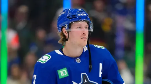 Brock Boeser #6 of the Vancouver Canucks looks on after their final regular season NHL game against the Vegas Golden Knights at Rogers Arena on April 16, 2025 in Vancouver, Canada.