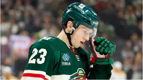Marco Rossi #23 of the Minnesota Wild looks on against the Nashville Predators in the first period at Xcel Energy Center on January 25, 2024 in St Paul, Minnesota.