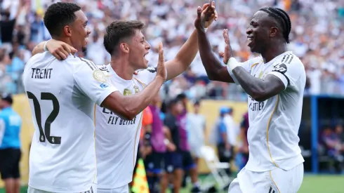 Arda Gueler #15 of Real Madrid C. F. celebrates scoring his team's second goal with Trent Alexander-Arnold #12 and Vinicius Junior #7 during the FIFA Club World Cup 2025.