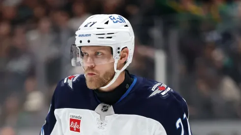 Nikolaj Ehlers #27 of the Winnipeg Jets looks on during the third period of a game against the Anaheim Ducks at Honda Center on December 18, 2024 in Anaheim, California.
