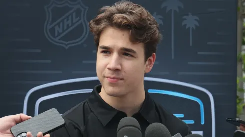 Michael Misa speaks with the media during the National Hockey League Top Prospects Media Availability at the JW Marriott LA Live on June 26, 2025.