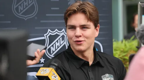 Anton Frondell speaks with the media during the National Hockey League Top Prospects Media Availability at the JW Marriott LA Live on June 26, 2025.