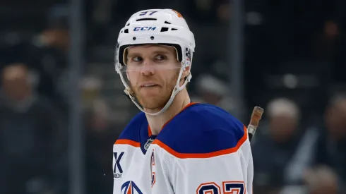 Connor McDavid #97 of the Edmonton Oilers reacts during a 6-2 loss to the Los Angeles Kings in Game Two of the First Round of the 2025 Stanley Cup Playoffs.