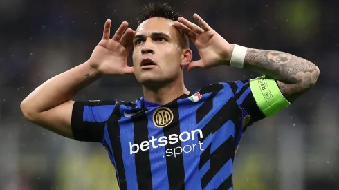 Lautaro Martinez of FC Internazionale celebrates after scoring their team's first goal during the UEFA Champions League 2024/25 Quarter Final Second Leg match.