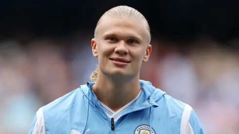 Erling Haaland of Manchester City smiles prior to the Premier League match between Manchester City and Fulham FC at Etihad Stadium on September 02, 2023.