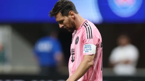 Lionel Messi #10 of Inter Miami CF reacts during the FIFA Club World Cup 2025 round of 16 match between Paris Saint-Germain and Inter Miami CF at Mercedes-Benz Stadium on June 29, 2025 in Atlanta, Georgia.