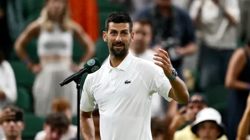 Novak Djokovic speaks on court after 2025 Wimbledon first round match