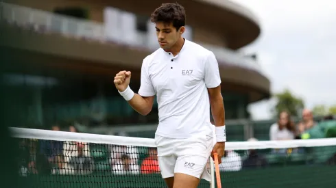 Cristian Garin of Chile celebrates a point against Hugo Grenier of France during their Men's Singles Second Round match on day four of The Championships Wimbledon 2022.