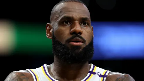 LeBron James #23 of the Los Angeles Lakers looks on against the Chicago Bulls.