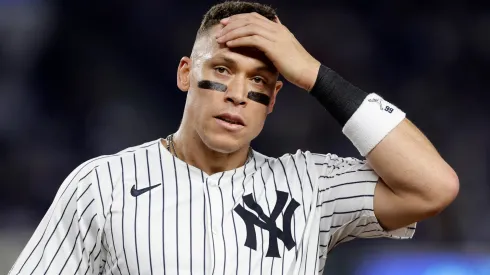 Aaron Judge #99 of the New York Yankees looks on after the sixth inning against the Cleveland Guardians at Yankee Stadium on June 04, 2025 in New York City.
