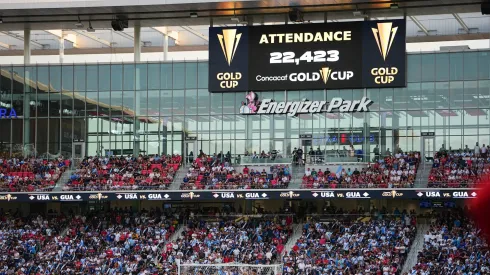 Signage displays a sold out crowd of 22,423 in attendance as Guatemala takes on United States during the second half of the Gold Cup 2025: Semifinal round at Energizer Park on July 2, 2025.