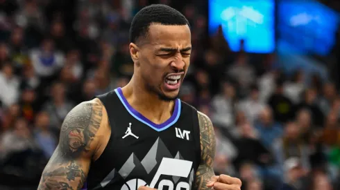 John Collins #20 of the Utah Jazz reacts to a call during the first half of a game against the Oklahoma City Thunder at Delta Center on February 21, 2025 in Salt Lake City, Utah.