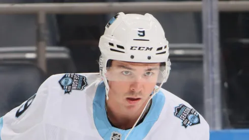 Clayton Keller #9 of Utah Hockey Club skates in warm-ups prior to the game against the New York Islanders at UBS Arena on October 10, 2024 in Elmont, New York.