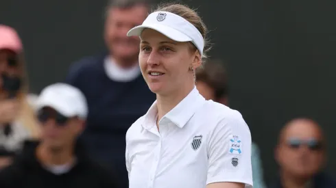Liudmila Samsonova celebrates match point against Jessica Bouzas Maneiro of Spain during the Ladies' Singles fourth round match on day eight of The Championships Wimbledon 2025.