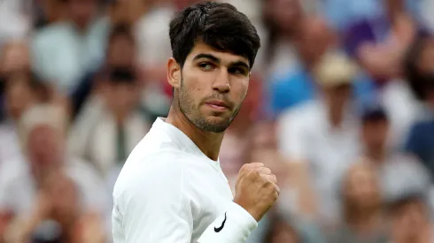 Carlos Alcaraz of Spain celebrates a point against Andrey Rublev during Wimbledon.
