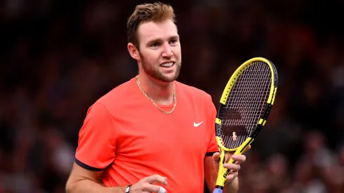 Jack Sock of The United States reacts during his men's singles match against Dominic Thiem of Austria during the Masters of Paris.