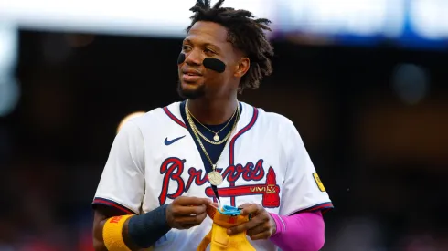 Ronald Acuña Jr. #13 of the Atlanta Braves reacts during the first inning against the Los Angeles Angels at Truist Park on July 2, 2025 in Atlanta, Georgia.