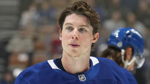 Mitchell Marner takes a breather against the Montreal Canadiens during the first period in an NHL game at Scotiabank Arena on April 12, 2025.