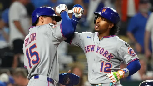 Francisco Lindor #12 of the New York Mets celebrates his three-run home run with Tyrone Taylor #15 of the New York Mets in the ninth inning against the Kansas City Royals at Kauffman Stadium on July 11, 2025 in Kansas City, Missouri.