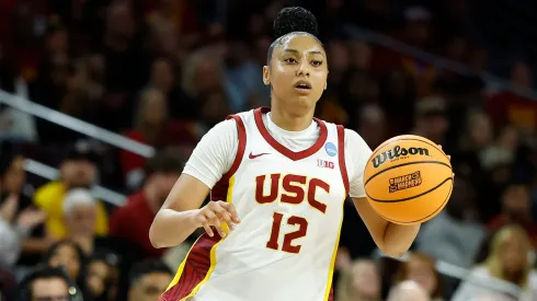JuJu Watkins #12 of the USC Trojans in the second half during the first round of the NCAA Women's Basketball Tournament at Galen Center on March 22, 2025 in Los Angeles, California.