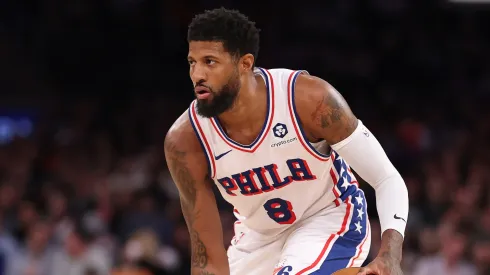 Paul George #8 of the Philadelphia 76ers in action against OG Anunoby #8 of the New York Knicks during their game at Madison Square Garden on February 26, 2025 in New York City.