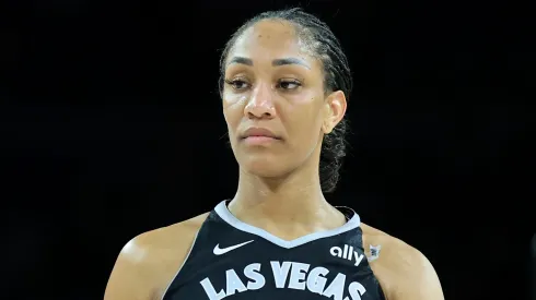 A'ja Wilson #22 of the Las Vegas Aces walks on the court after a timeout in the second quarter of a game against the Connecticut Sun at Michelob ULTRA Arena on June 25, 2025.