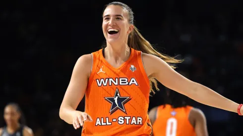 Sabrina Ionescu #20 of Team Stewart reacts after scoring during the 2023 WNBA All-Star game at Michelob ULTRA Arena on July 15, 2023.