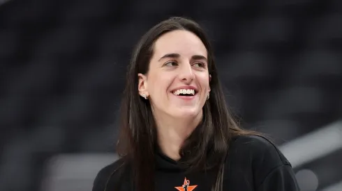 Caitlin Clark #22 of the Indiana Fever reacts during the 2025 AT&T WNBA All-Star practice sessions at Gainbridge Fieldhouse on July 18, 2025 in Indianapolis, Indiana.
