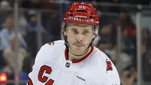 Mikko Rantanen #96 of the Carolina Hurricanes in action during the game against the New York Rangers at Madison Square Garden on January 28, 2025 in New York City. The Carolina Hurricanes won 4-0.