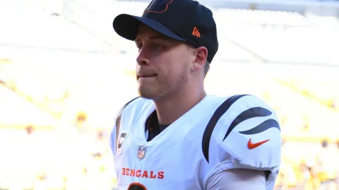 Joe Burrow #9 of the Cincinnati Bengals walks off field after a win over the Pittsburgh Steelers at Heinz Field on September 26, 2021 in Pittsburgh, Pennsylvania.