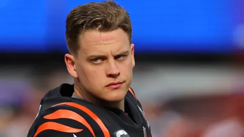 Joe Burrow of the Cincinnati Bengals looks on prior to Super Bowl LVI against the Los Angeles Rams at SoFi Stadium on February 13, 2022