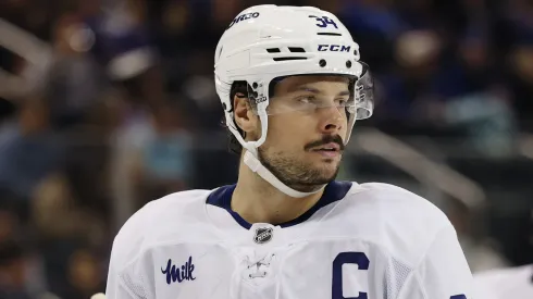 Auston Matthews #34 of the Toronto Maple Leafs in action during the game against the New York Rangers at Madison Square Garden on March 20, 2025 in New York City.